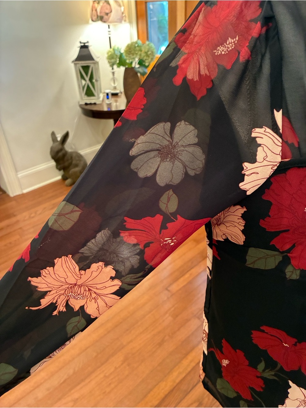 Monteau Black Floral Tie-Neck Button Down Sheer Blouse NWT XL - Picture 6 of 12